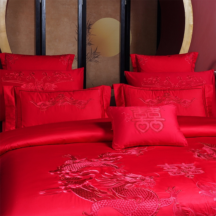 91家纺网 家纺一手货源 找家纺 博之洋婚庆 2025新款全棉新中式刺绣款婚庆四件套多件套 龙凤祥和-红