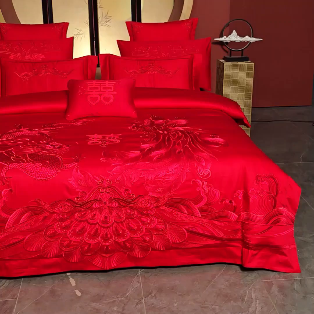 91家纺网 家纺一手货源 找家纺 博之洋婚庆 2025新款全棉新中式刺绣款婚庆四件套多件套 龙凤祥和-红