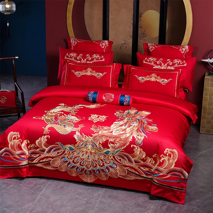 91家纺网 家纺一手货源 找家纺 博之洋婚庆 2025新款全棉新中式刺绣款婚庆四件套多件套 龙凤祥和-金