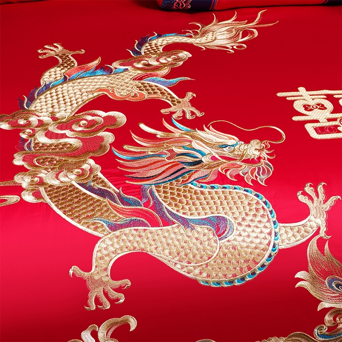 91家纺网 家纺一手货源 找家纺 博之洋婚庆 2025新款全棉新中式刺绣款婚庆四件套多件套 龙凤祥和-金