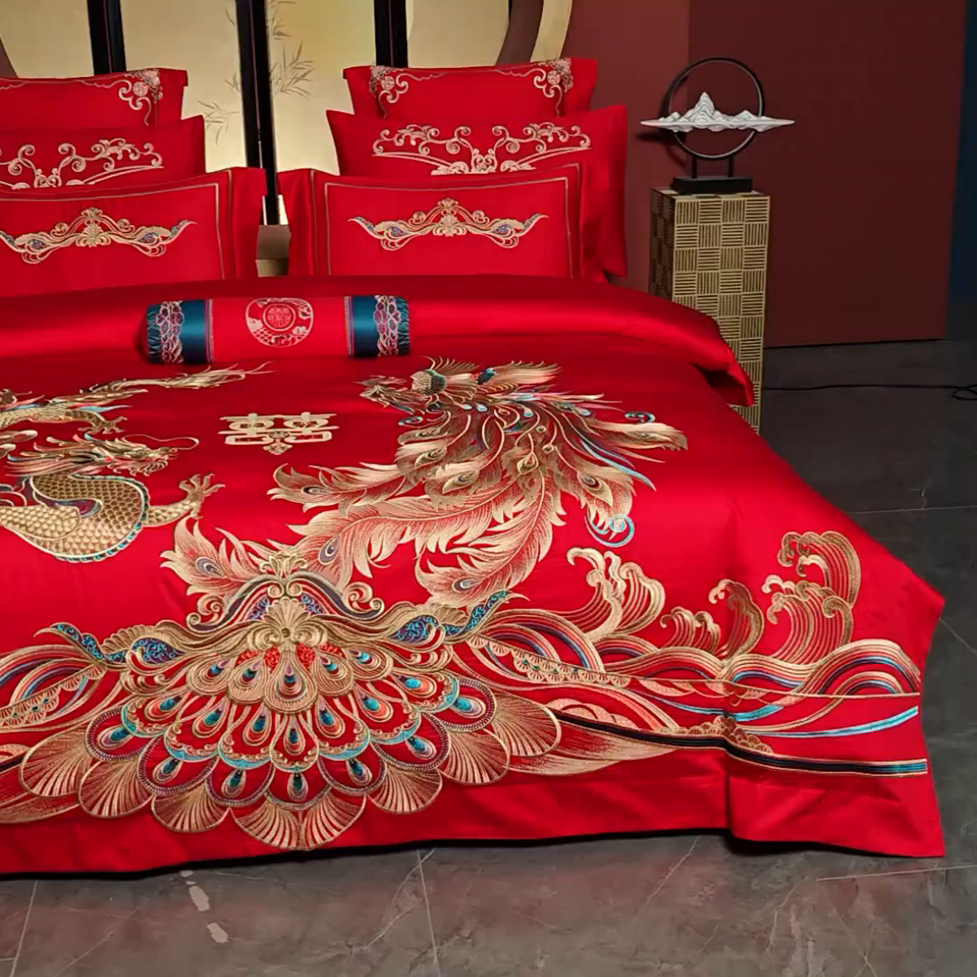 91家纺网 家纺一手货源 找家纺 博之洋婚庆 2025新款全棉新中式刺绣款婚庆四件套多件套 龙凤祥和-金