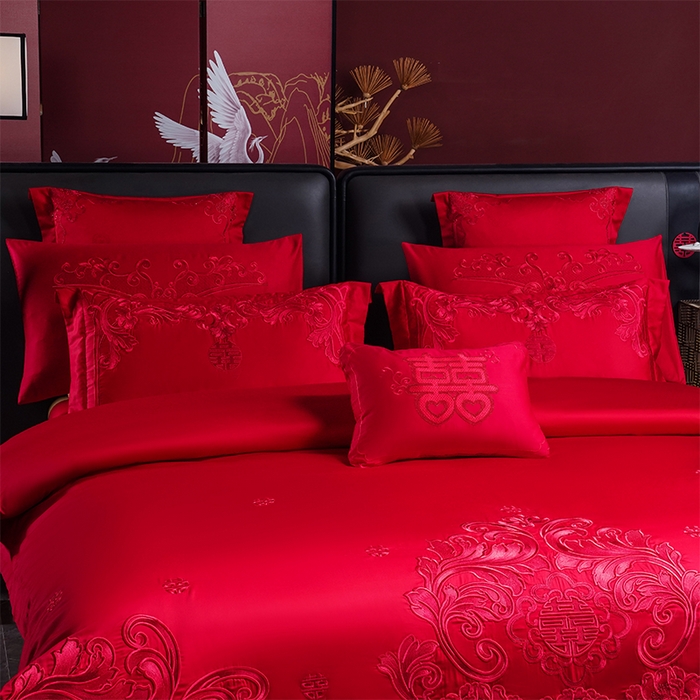 91家纺网 家纺一手货源 找家纺 博之洋婚庆 2025新款全棉新中式刺绣款婚庆四件套多件套 盛世红妆