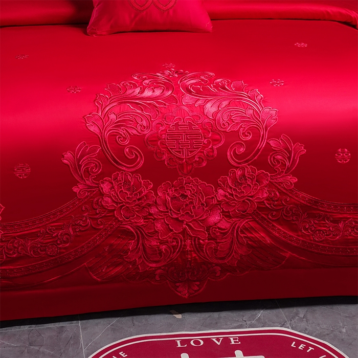 91家纺网 家纺一手货源 找家纺 博之洋婚庆 2025新款全棉新中式刺绣款婚庆四件套多件套 盛世红妆