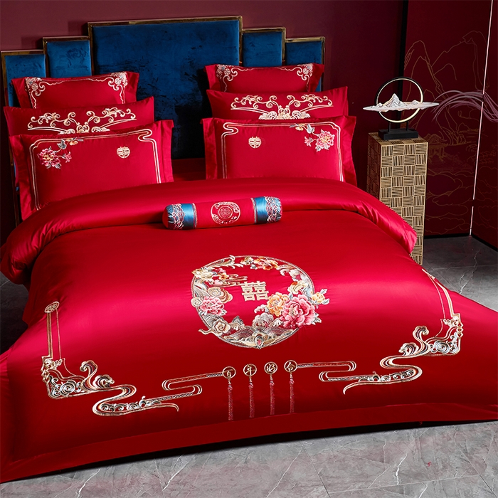 91家纺网 家纺一手货源 找家纺 博之洋婚庆 2025新款全棉新中式刺绣款婚庆四件套多件套 喜乐年华