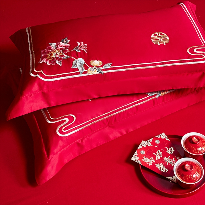 91家纺网 家纺一手货源 找家纺 博之洋婚庆 2025新款全棉新中式刺绣款婚庆四件套多件套 喜乐年华