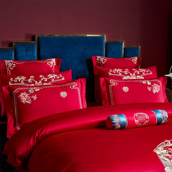 91家纺网 家纺一手货源 找家纺 博之洋婚庆 2025新款全棉新中式刺绣款婚庆四件套多件套 喜乐年华