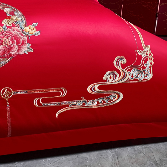 91家纺网 家纺一手货源 找家纺 博之洋婚庆 2025新款全棉新中式刺绣款婚庆四件套多件套 喜乐年华