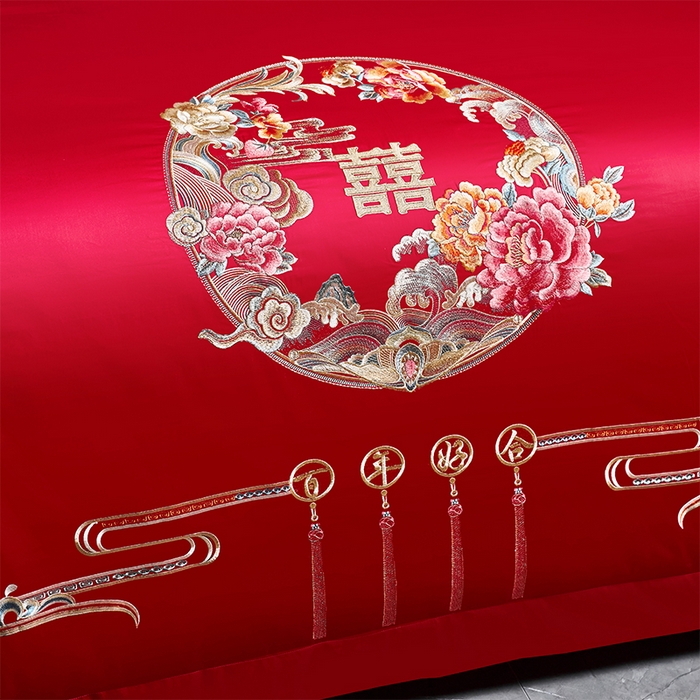 91家纺网 家纺一手货源 找家纺 博之洋婚庆 2025新款全棉新中式刺绣款婚庆四件套多件套 喜乐年华