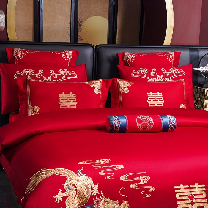 91家纺网 家纺一手货源 找家纺 博之洋婚庆 2025新款全棉新中式刺绣款婚庆四件套多件套 喜迎龙凤