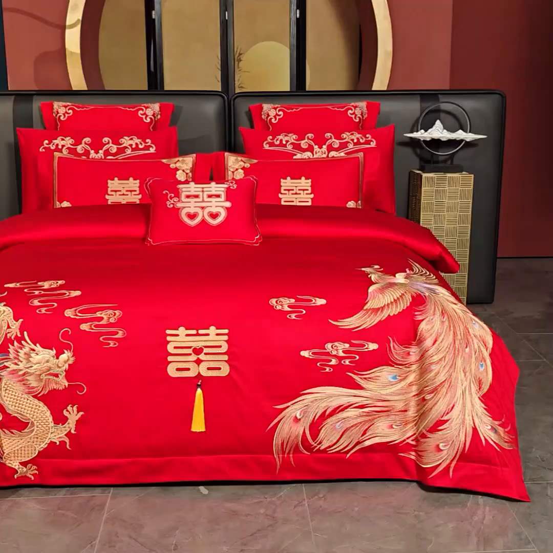 91家纺网 家纺一手货源 找家纺 博之洋婚庆 2025新款全棉新中式刺绣款婚庆四件套多件套 喜迎龙凤