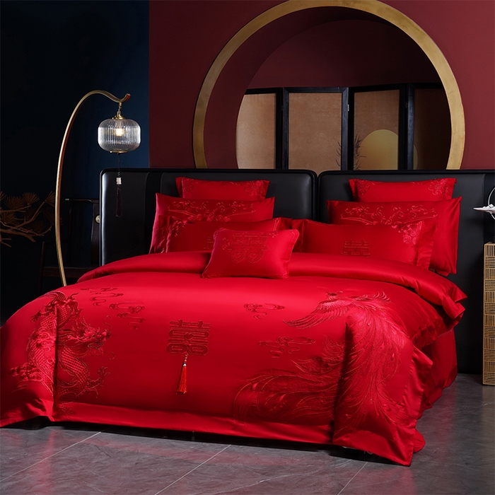 91家纺网 家纺一手货源 找家纺 博之洋婚庆 2025新款全棉新中式刺绣款婚庆四件套多件套 喜迎龙凤-红