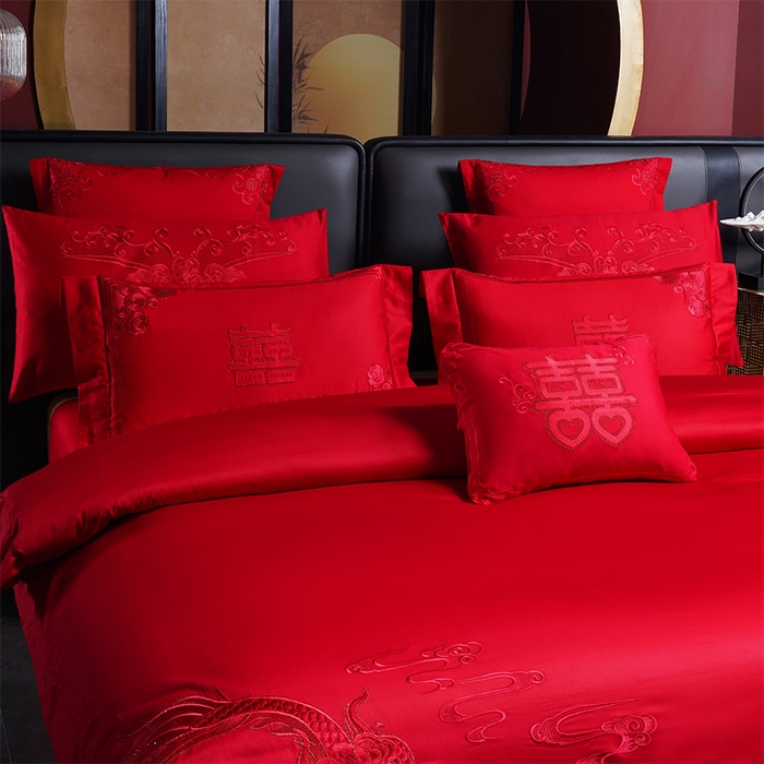 91家纺网 家纺一手货源 找家纺 博之洋婚庆 2025新款全棉新中式刺绣款婚庆四件套多件套 喜迎龙凤-红