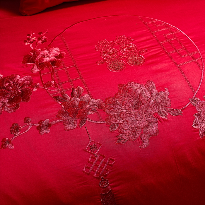 91家纺网 家纺一手货源 找家纺 博之洋婚庆 2025新款全棉新中式刺绣款婚庆四件套多件套 一路有你-红