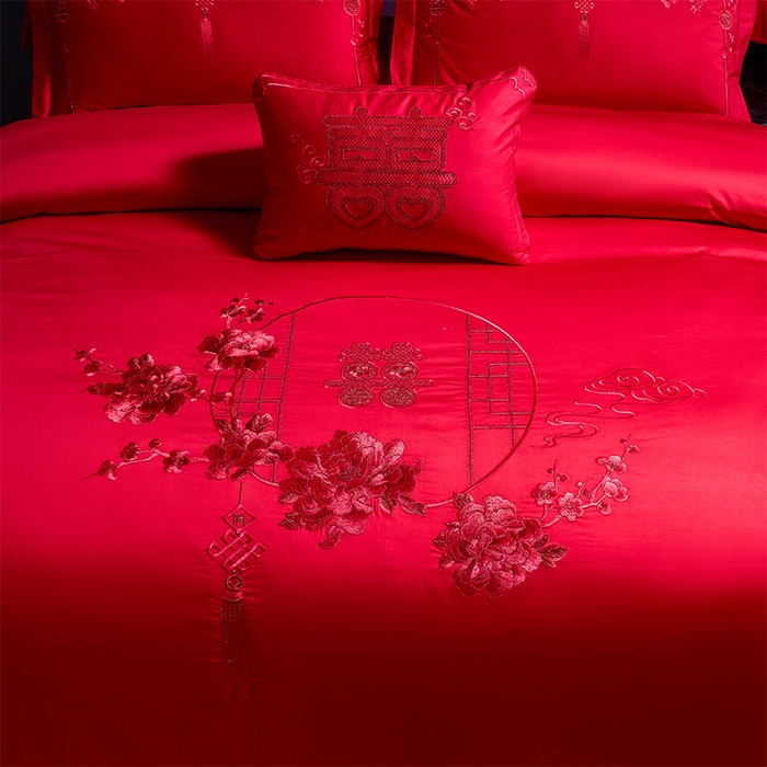 91家纺网 家纺一手货源 找家纺 博之洋婚庆 2025新款全棉新中式刺绣款婚庆四件套多件套 一路有你-红