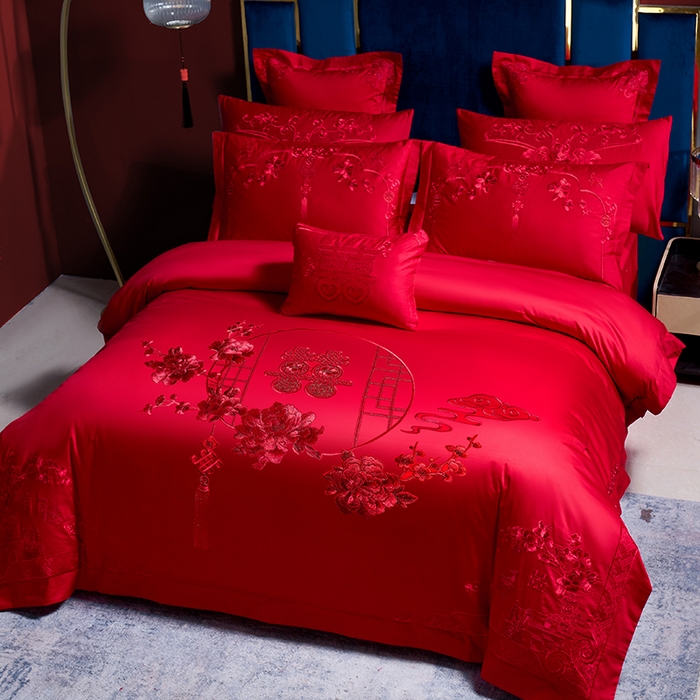 91家纺网 家纺一手货源 找家纺 博之洋婚庆 2025新款全棉新中式刺绣款婚庆四件套多件套 一路有你-红