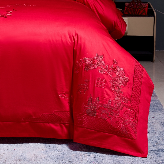 91家纺网 家纺一手货源 找家纺 博之洋婚庆 2025新款全棉新中式刺绣款婚庆四件套多件套 一路有你-红