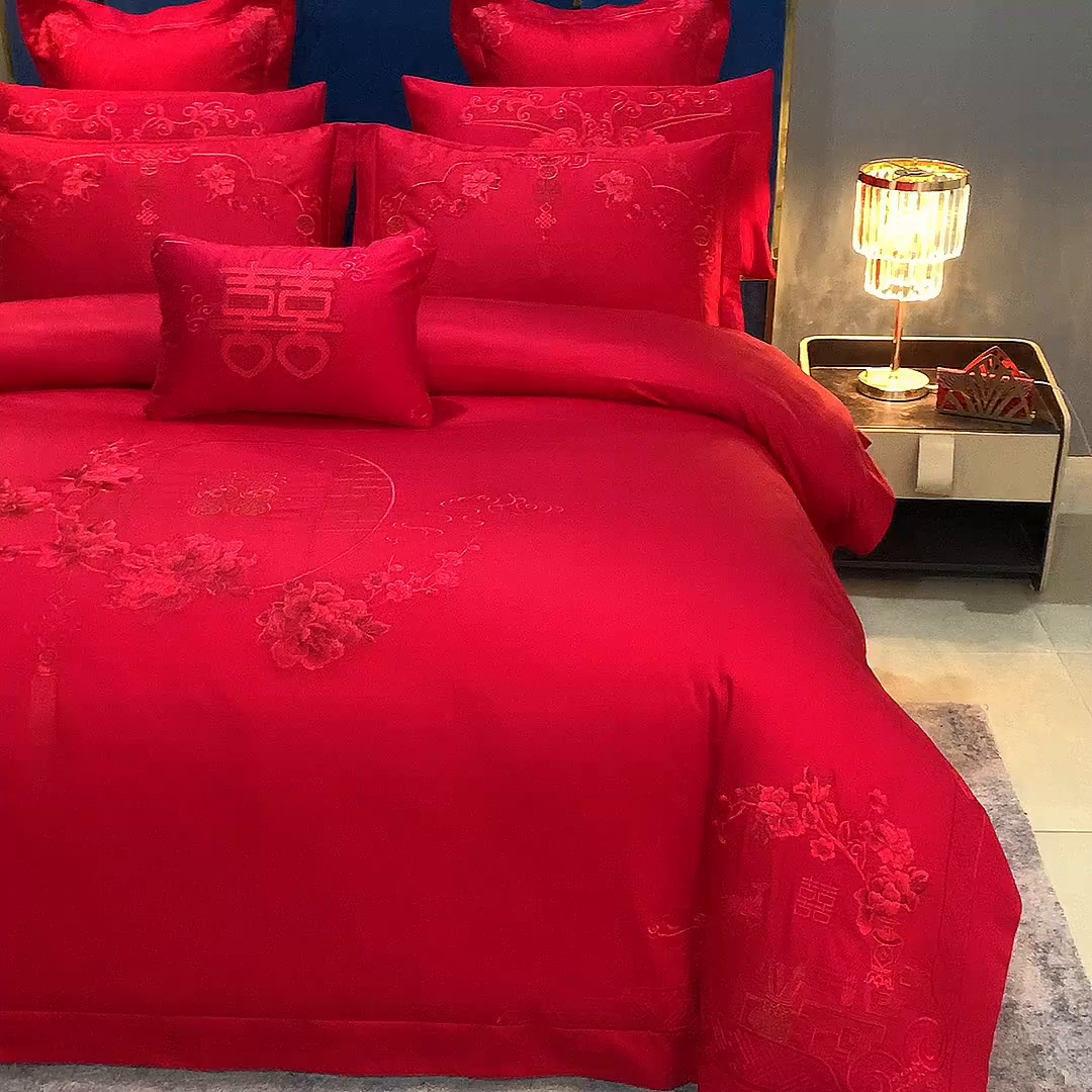 91家纺网 家纺一手货源 找家纺 博之洋婚庆 2025新款全棉新中式刺绣款婚庆四件套多件套 一路有你-红