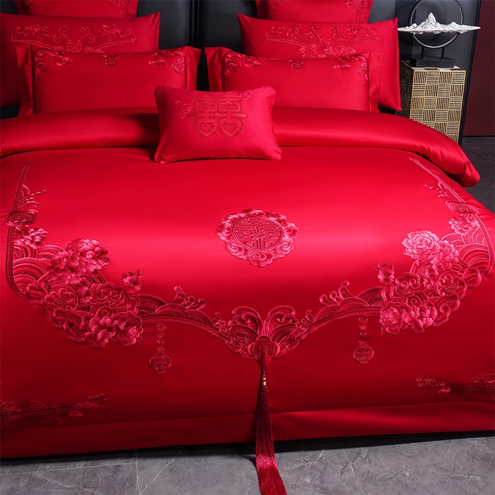 91家纺网 家纺一手货源 找家纺 博之洋婚庆 2025新款全棉新中式刺绣款婚庆四件套多件套 永恒爱恋-红