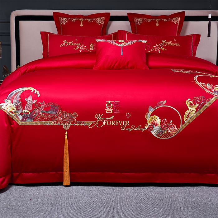 91家纺网 家纺一手货源 找家纺 博之洋婚庆 2025新款全棉新中式刺绣款婚庆四件套多件套 余生有你