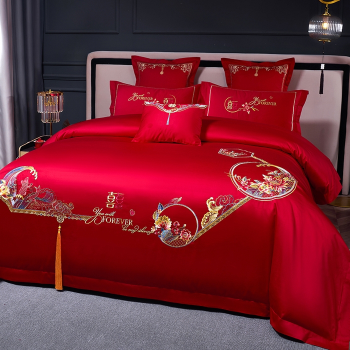 91家纺网 家纺一手货源 找家纺 博之洋婚庆 2025新款全棉新中式刺绣款婚庆四件套多件套 余生有你