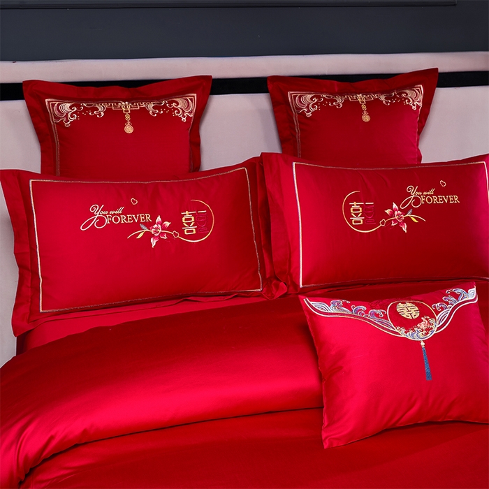 91家纺网 家纺一手货源 找家纺 博之洋婚庆 2025新款全棉新中式刺绣款婚庆四件套多件套 余生有你