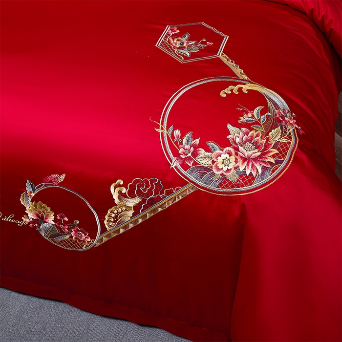 91家纺网 家纺一手货源 找家纺 博之洋婚庆 2025新款全棉新中式刺绣款婚庆四件套多件套 余生有你