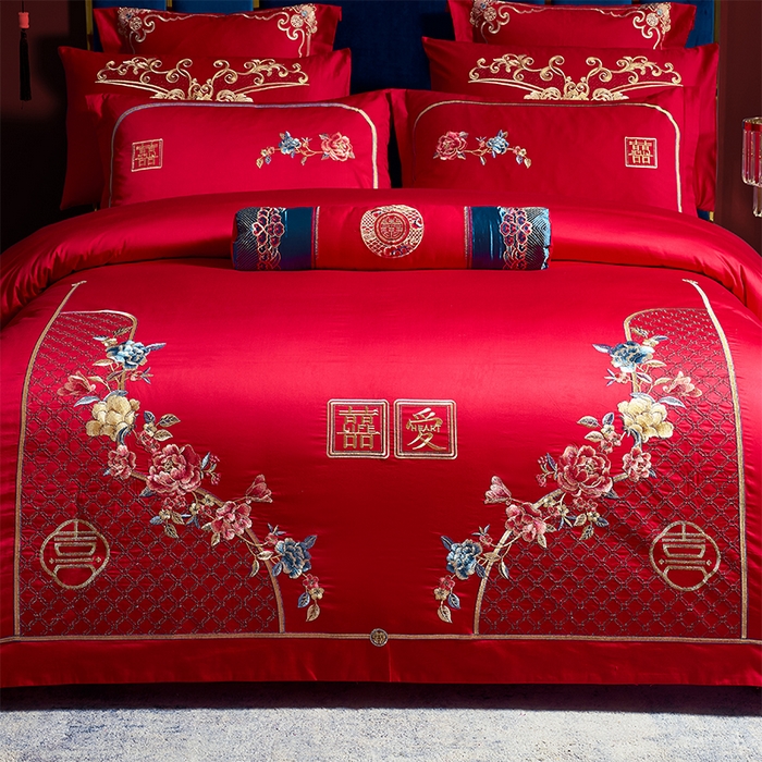 91家纺网 家纺一手货源 找家纺 博之洋婚庆 2025新款全棉新中式刺绣款婚庆四件套多件套 宠爱