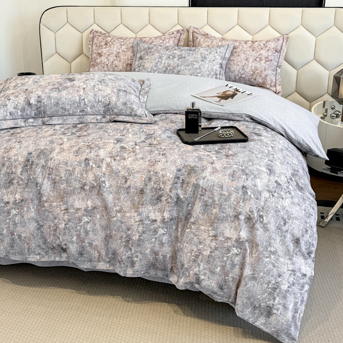 91家纺网 家纺一手货源 找家纺 2024新款全棉加厚长绒棉数码印花四件套淡雅清风-蓝