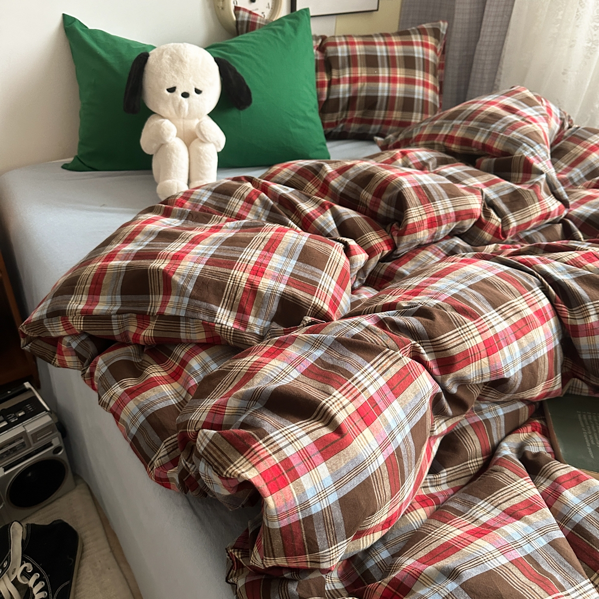 对白 2025新款全棉色织水洗棉四件套-伯爵红茶-海蓝 伯爵红茶-海蓝-枕套格子+海王绿