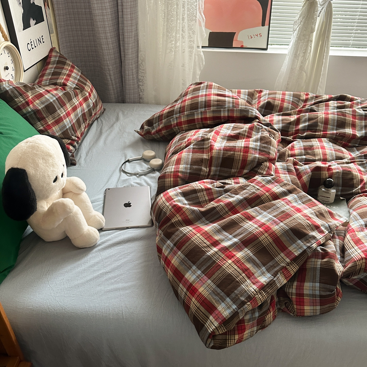 91家纺网 家纺一手货源 找家纺 对白 2025新款全棉色织水洗棉四件套-伯爵红茶-海蓝 伯爵红茶-海蓝-枕套格子+海王绿