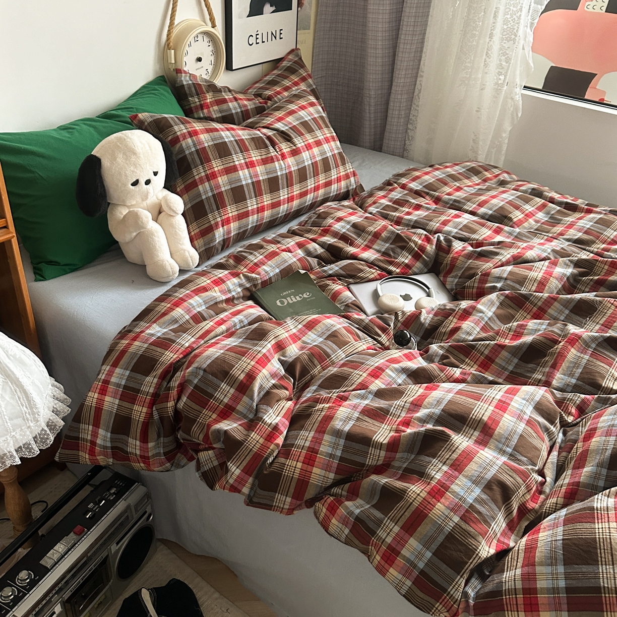 91家纺网 家纺一手货源 找家纺 对白 2025新款全棉色织水洗棉四件套-伯爵红茶-海蓝 伯爵红茶-海蓝-枕套格子+海王绿