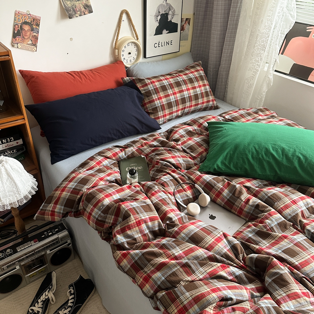 91家纺网 家纺一手货源 找家纺 对白 2025新款全棉色织水洗棉四件套-伯爵红茶-海蓝 伯爵红茶-海蓝-枕套格子+海王绿