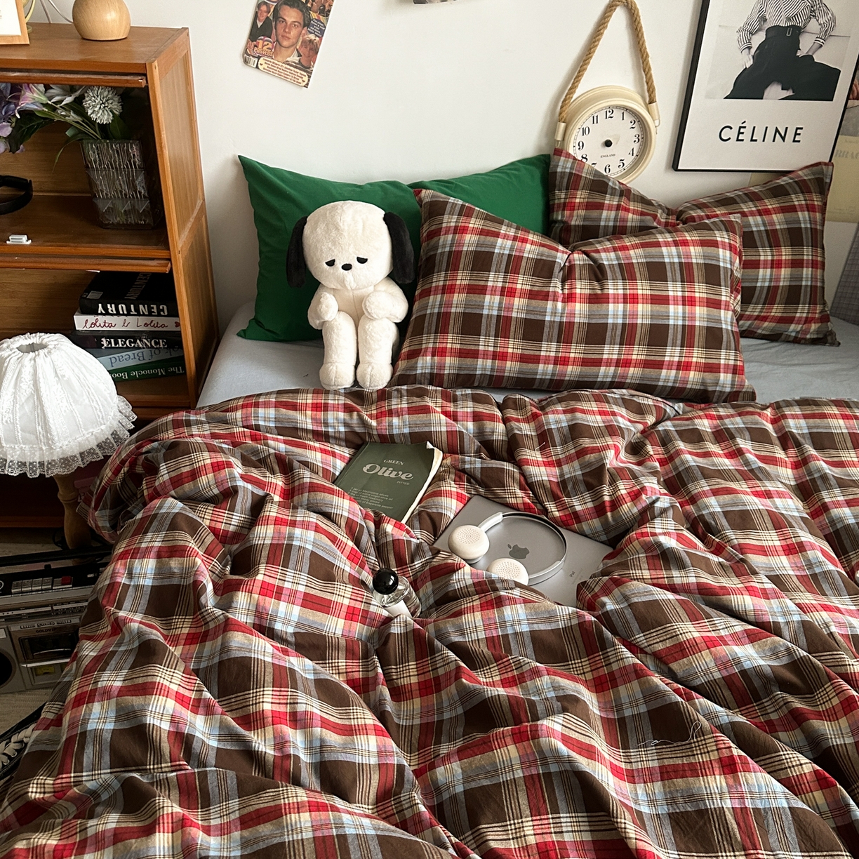 91家纺网 家纺一手货源 找家纺 对白 2025新款全棉色织水洗棉四件套-伯爵红茶-海蓝 伯爵红茶-海蓝-枕套格子+海王绿