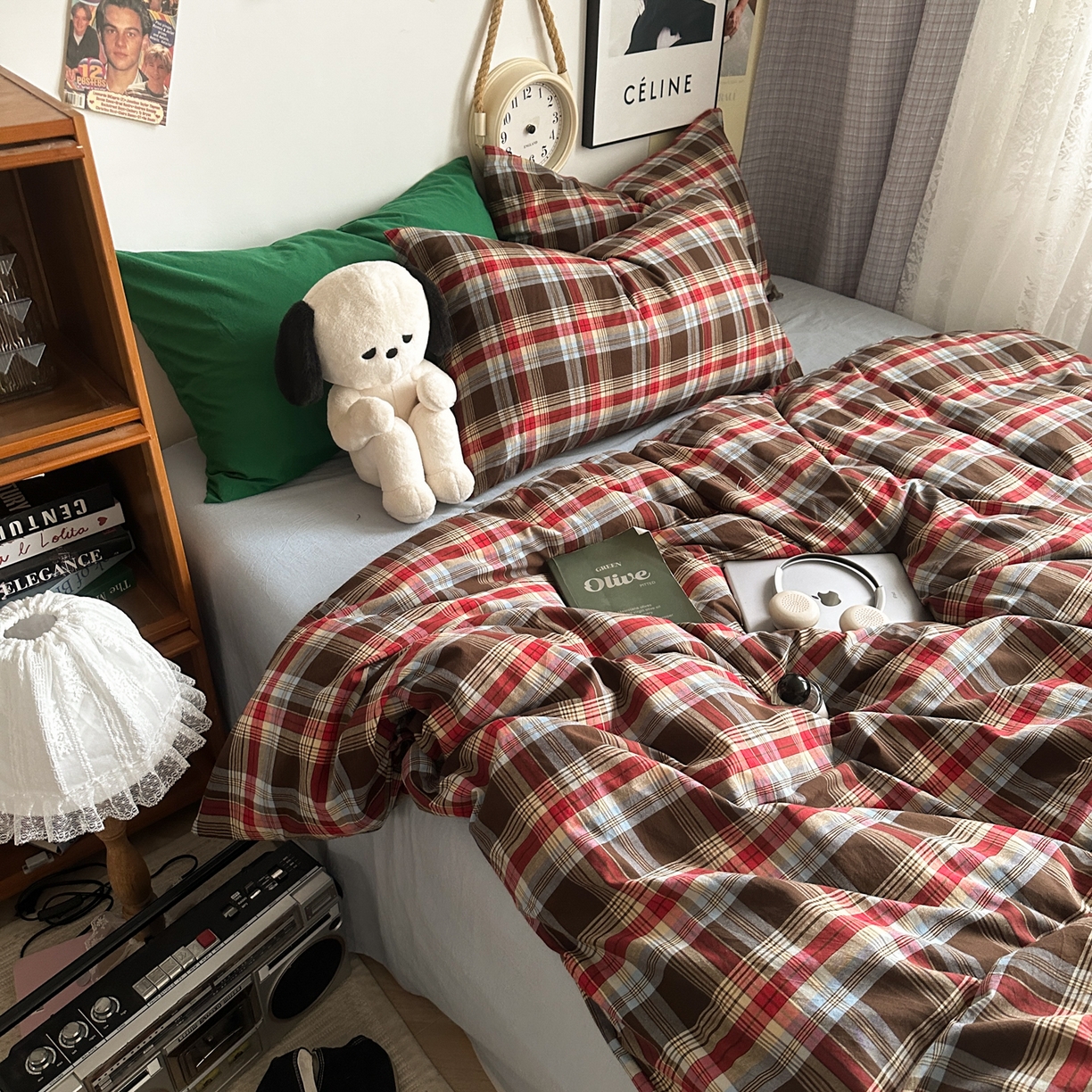 91家纺网 家纺一手货源 找家纺 对白 2025新款全棉色织水洗棉四件套-伯爵红茶-海蓝 伯爵红茶-海蓝-枕套格子+海王绿