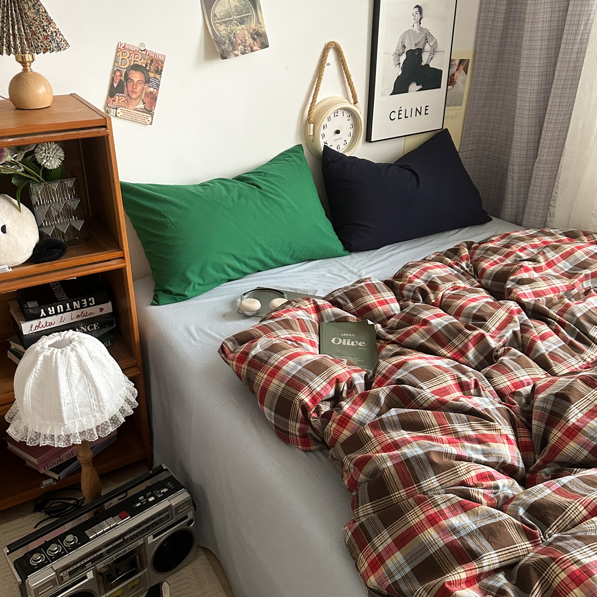 91家纺网 家纺一手货源 找家纺 对白 2025新款全棉色织水洗棉四件套-伯爵红茶-海蓝 伯爵红茶-海蓝-枕套海王绿+藏蓝