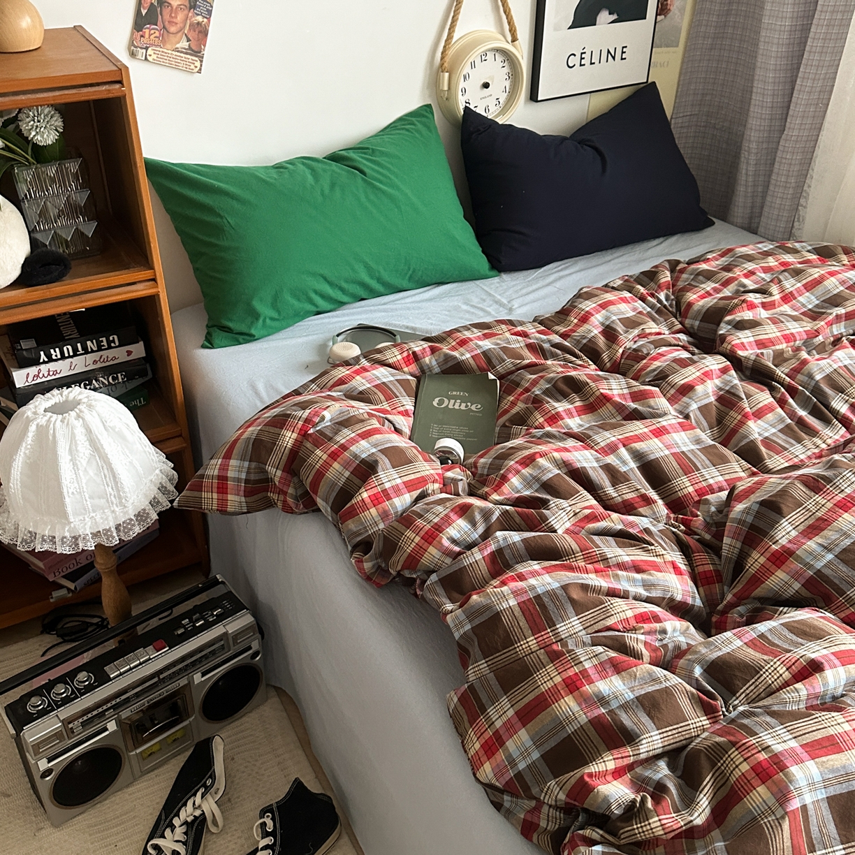 对白 2025新款全棉色织水洗棉四件套-伯爵红茶-海蓝 伯爵红茶-海蓝-枕套海王绿+藏蓝