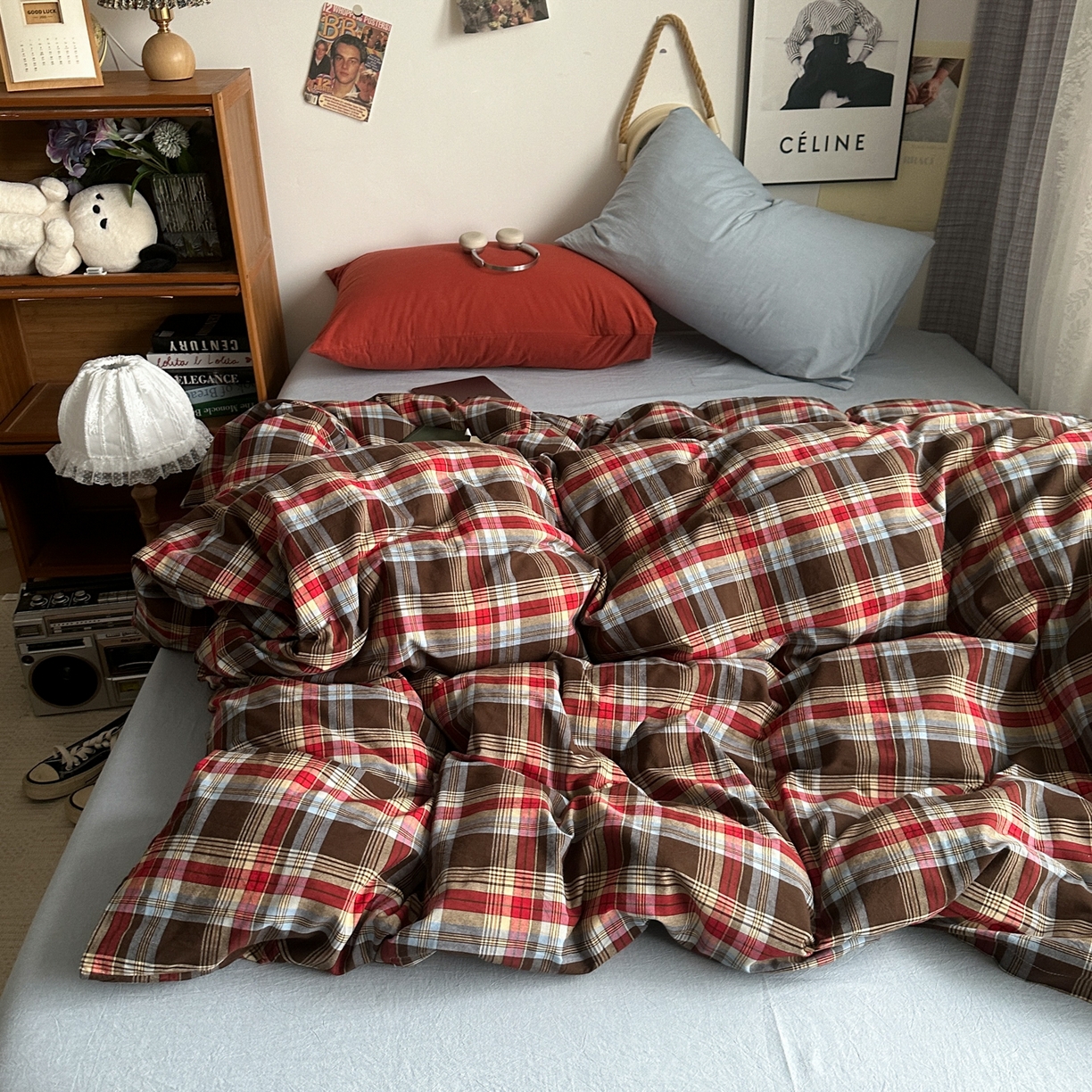 91家纺网 家纺一手货源 找家纺 对白 2025新款全棉色织水洗棉四件套-伯爵红茶-海蓝 伯爵红茶-海蓝-枕套海蓝+枫叶红