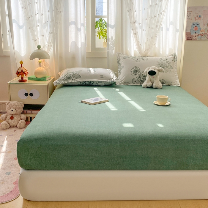 91家纺网 家纺一手货源 找家纺 红日子 2025新款生态斜纹植物羊绒单床笠磨毛床笠三件套 墨绿