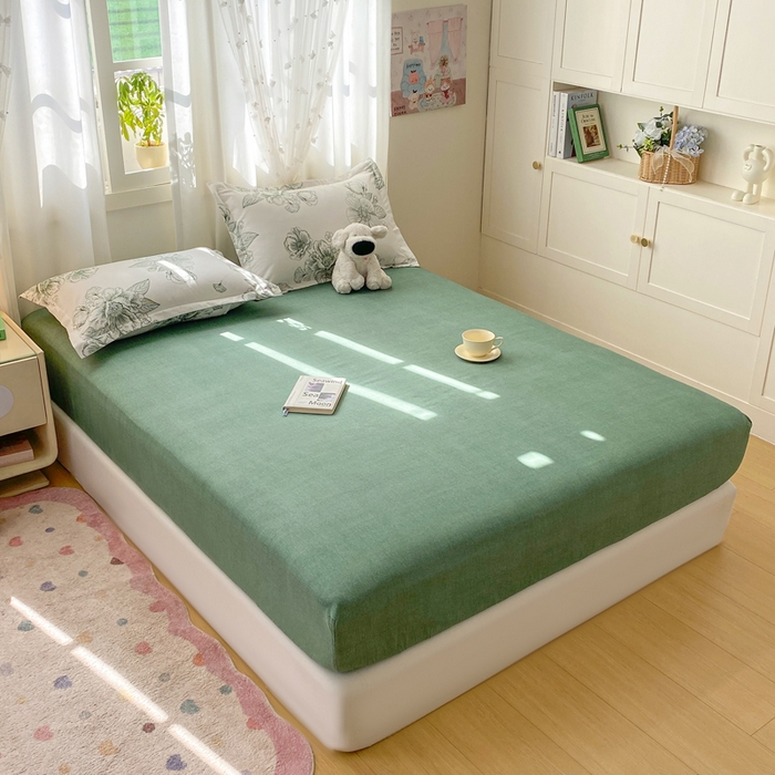 91家纺网 家纺一手货源 找家纺 红日子 2025新款生态斜纹植物羊绒单床笠磨毛床笠三件套 墨绿