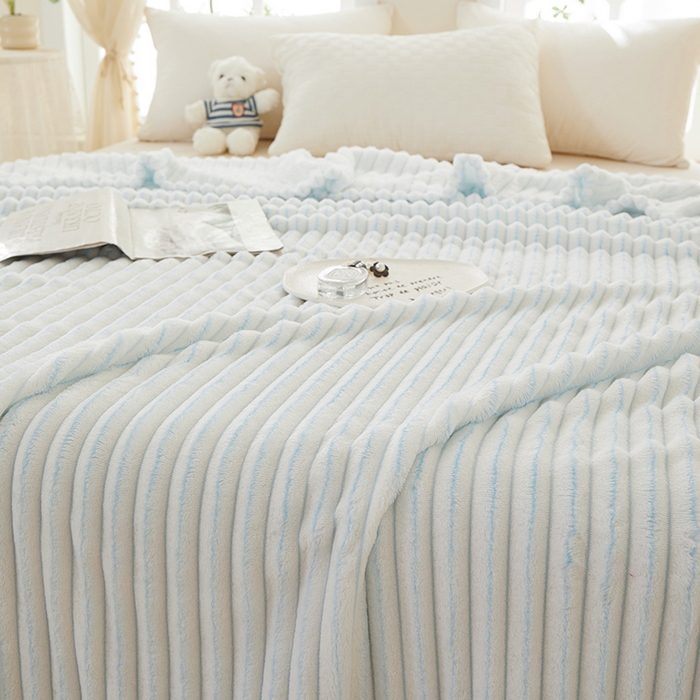 91家纺网 家纺一手货源 找家纺 楼兰公主毛毯专供 2025新款300克韩式风阳离子抽条毛毯 阳离子-蓝