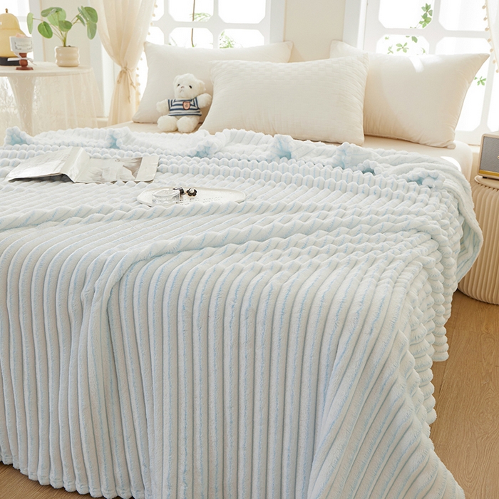 91家纺网 家纺一手货源 找家纺 楼兰公主毛毯专供 2025新款300克韩式风阳离子抽条毛毯 阳离子-蓝