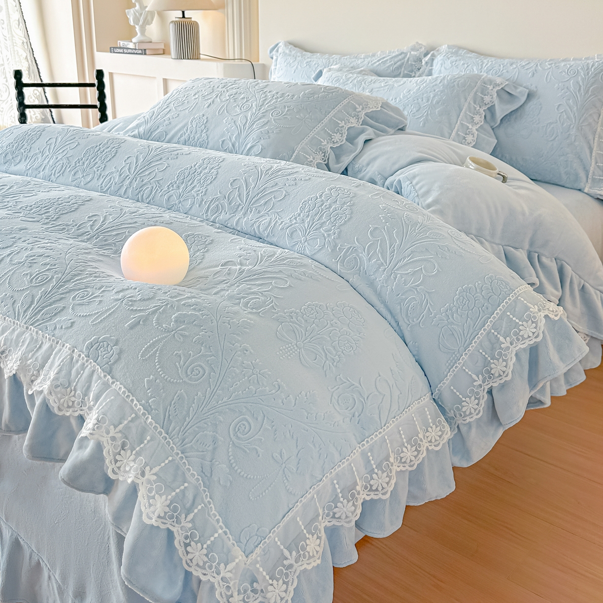 孟鑫家纺 2025新款全消光雕花绒牛奶绒四件套韩版法式套件-凯瑟琳 凯瑟琳-天空兰