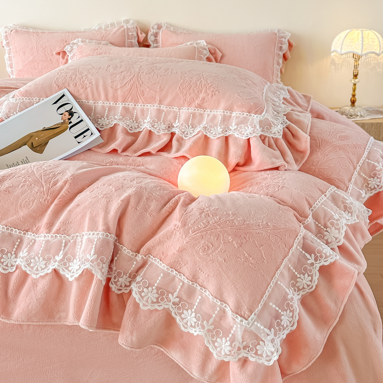孟鑫家纺 2025新款全消光雕花绒牛奶绒四件套韩版法式套件-凯瑟琳 凯瑟琳-豆沙