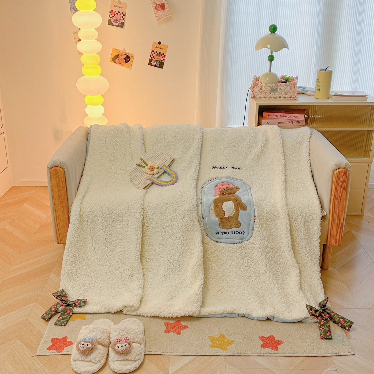 91家纺网 家纺一手货源 找家纺 子钦家纺 2025新款羊羔绒牛奶绒卡通贴布绣单被套被套单件单品被套（第二波） 晚安熊-奶油白