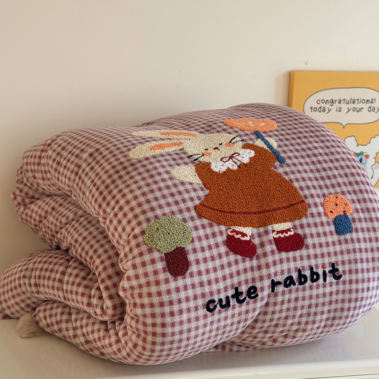 有货 2025新款格调牛奶绒毛巾绣豆豆被系列 格调可爱兔