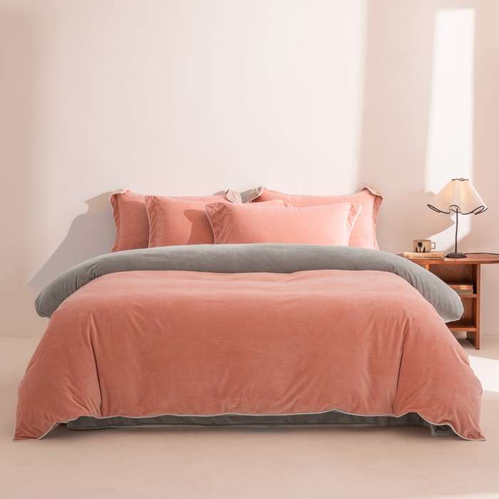 安力森/诚臻酒店用品 2025新款麻绳婴儿绒四件套秋冬加厚亲肤保暖卧室床品套件 橘粉-浅灰