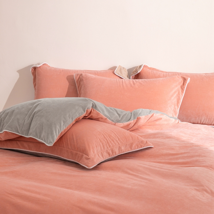 91家纺网 家纺一手货源 找家纺 安力森/诚臻酒店用品 2025新款麻绳婴儿绒四件套秋冬加厚亲肤保暖卧室床品套件 橘粉-浅灰