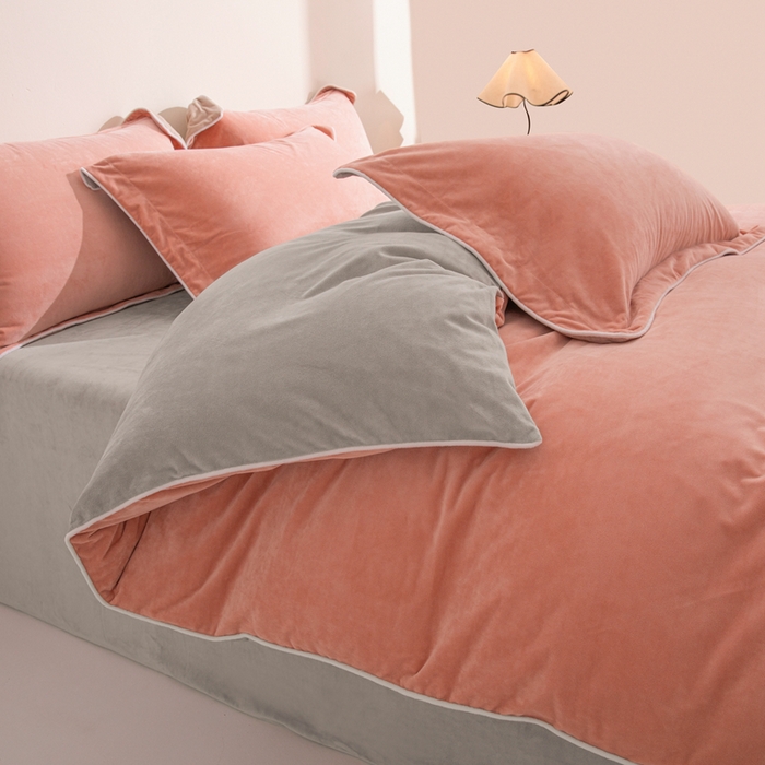 91家纺网 家纺一手货源 找家纺 安力森/诚臻酒店用品 2025新款麻绳婴儿绒四件套秋冬加厚亲肤保暖卧室床品套件 橘粉-浅灰