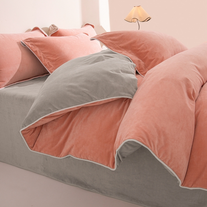 91家纺网 家纺一手货源 找家纺 安力森/诚臻酒店用品 2025新款麻绳婴儿绒四件套秋冬加厚亲肤保暖卧室床品套件 橘粉-浅灰