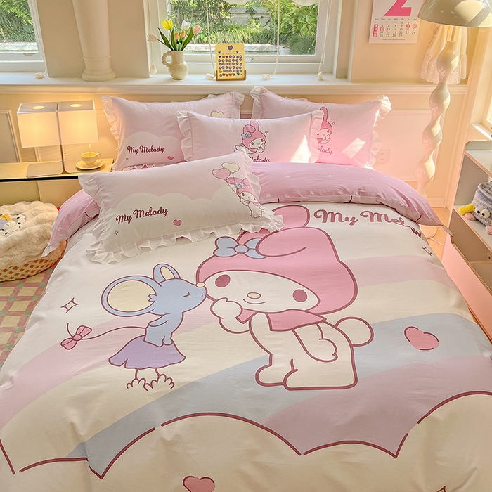 91家纺网 家纺一手货源 找家纺 玉元坊 2025新款三丽鸥全棉纯棉大版花边款床品三四件套第一批 （长期有货 不断货） 大版花边-粉兔亲亲